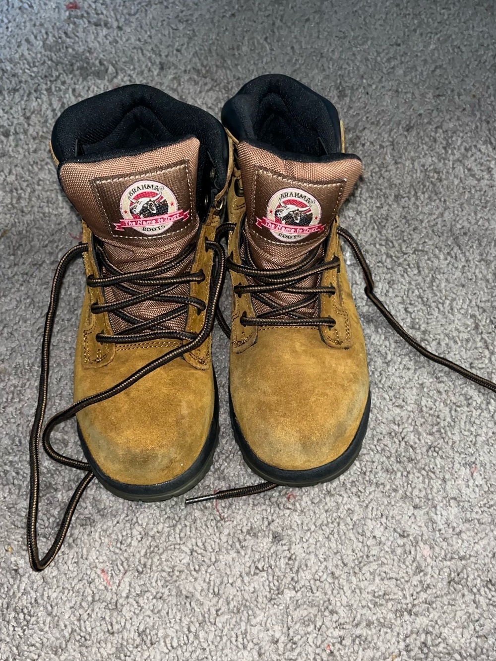 Brahma Kids Tan Suede Lace-Up Work Boots with Black Collar